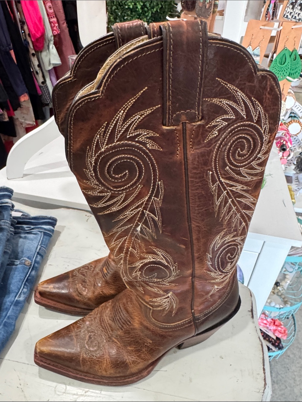 Justin Boots Brown Leather Embroidered Western Heeled Boots